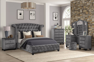 English Elm King Sophia 5PC Vanity Bedroom Set with Crystal Tufted Upholstery, Gray Wood, Dresser or Vanity Options 808857780164