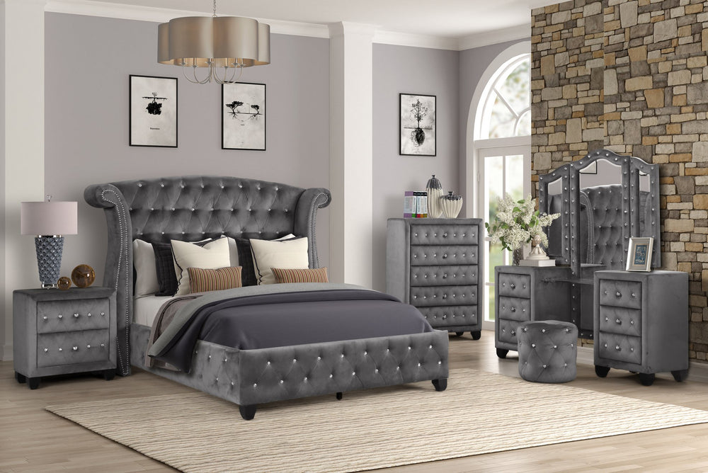 English Elm SOPHIA Full 5-Pc Vanity Bedroom Set Gray Wood with Crystal Tufted Headboard and Extra Chest B009S01979
