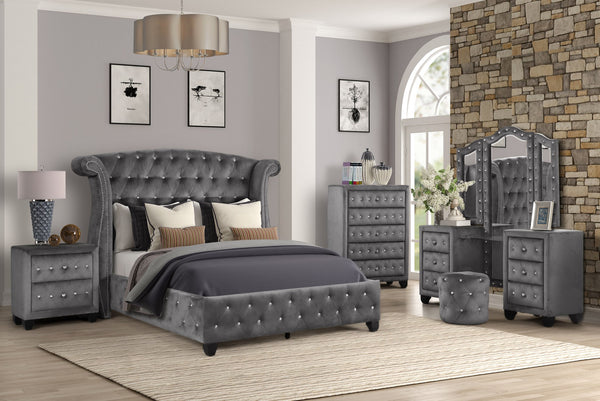 English Elm SOPHIA Full 5-Pc Vanity Bedroom Set Gray Wood with Crystal Tufted Headboard and Extra Chest B009S01979