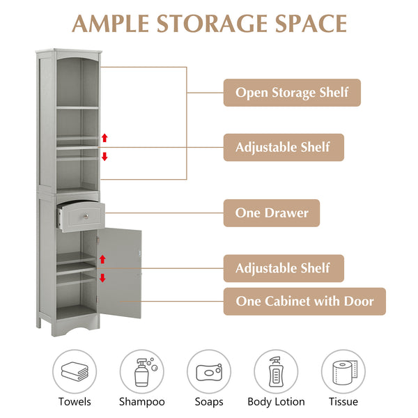 English Elm Tall Modern Freestanding Bathroom Storage Cabinet with Drawer and Adjustable Shelf, 37.4" H, MDF Grey WF289423AAG