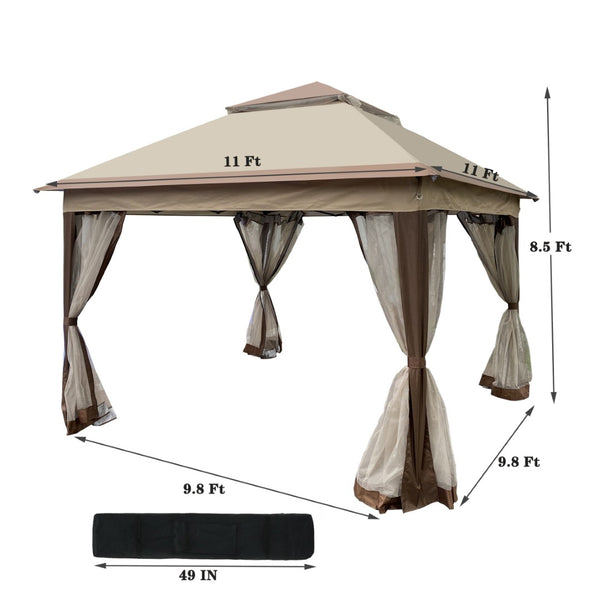 English Elm Outdoor 11x11 Ft Pop up Gazebo with Mesh Netting Two Tier Steel Frame Canopy W41932833