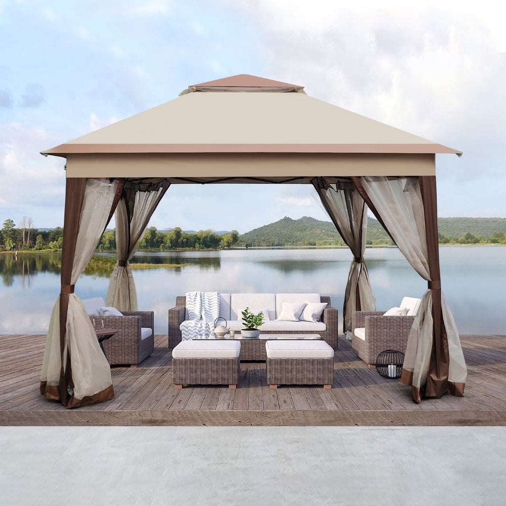 English Elm Outdoor 11x11 Ft Pop up Gazebo with Mesh Netting Two Tier Steel Frame Canopy W41932833