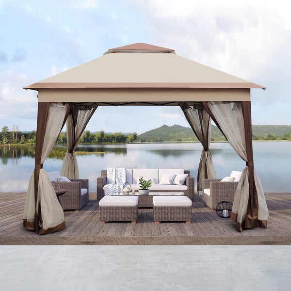 English Elm Outdoor 11x11 Ft Pop up Gazebo with Mesh Netting Two Tier Steel Frame Canopy W41932833