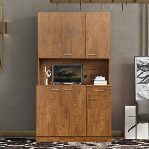 English Elm 70.87" Wardrobe Kitchen Cabinet with 6 Doors, 1 Drawer & Open Shelf — Durable Melamine MDF Storage Solution Walnut W331S00060