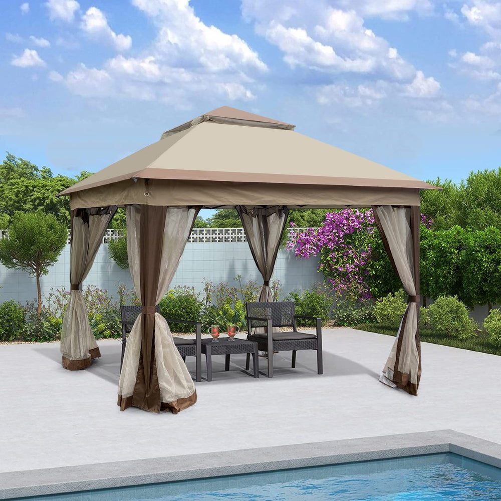 English Elm Outdoor 11x11 Ft Pop up Gazebo with Mesh Netting Two Tier Steel Frame Canopy W41932833