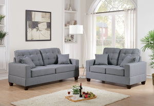 English Elm Living 2-Piece Faux Leather Tufted Sofa and Loveseat Set with Plush Cushions, Pillows, Solid Legs Grey 63 L x 34 W x 14 H HS00F7858-ID-AHD