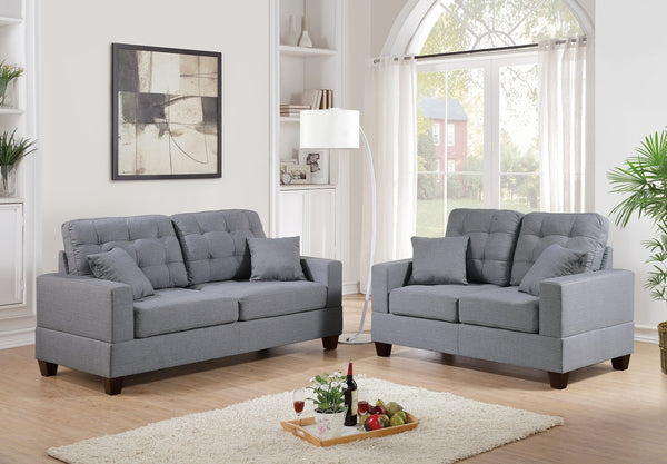 English Elm Living 2-Piece Faux Leather Tufted Sofa and Loveseat Set with Plush Cushions, Pillows, Solid Legs Grey 63 L x 34 W x 14 H HS00F7858-ID-AHD