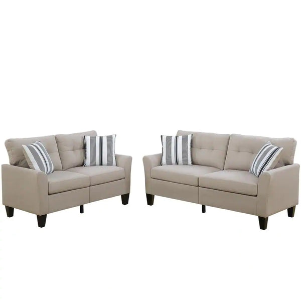 English Elm Living 2-Piece Sofa and Loveseat Set with Glossy Polyfiber, Solid Pine Frame, Accent Pillows, Contemporary Style Beige 27 L x 30 W x 35 H HS00F6534-ID-AHD