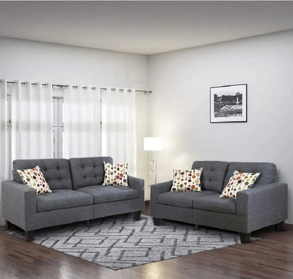 English Elm Living 2-Piece Tufted Linen-Look Sofa and Loveseat Set with Accent Pillows, Plush Cushions, Solid Pine Legs Grey Mix 35 L x 30 W x 26 H HS00F6901-ID-AHD