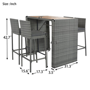 English Elm GO Outdoor 5-Piece Patio Wicker Bar Set with Acacia Top, Removable Cushions, Non-Slip Feet — Durable Seating for 250 lb Capacity FG201216AAE