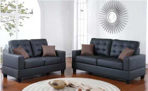 English Elm Living 2-Piece Faux Leather Tufted Sofa and Loveseat Set with Plush Cushions, Pillows, Solid Legs Black 62 L x 34 W x 14 H HS00F7855-ID-AHD