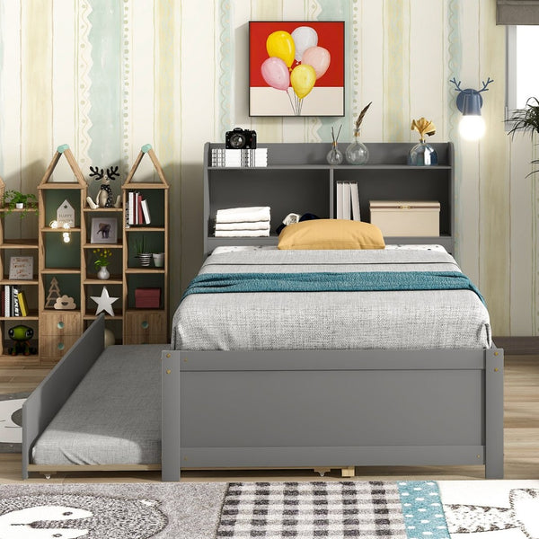 English Elm Twin Bed With Trundle & Bookcase Headboard, Space-Saving Grey Design For Modern Bedrooms W50440495-GIGA