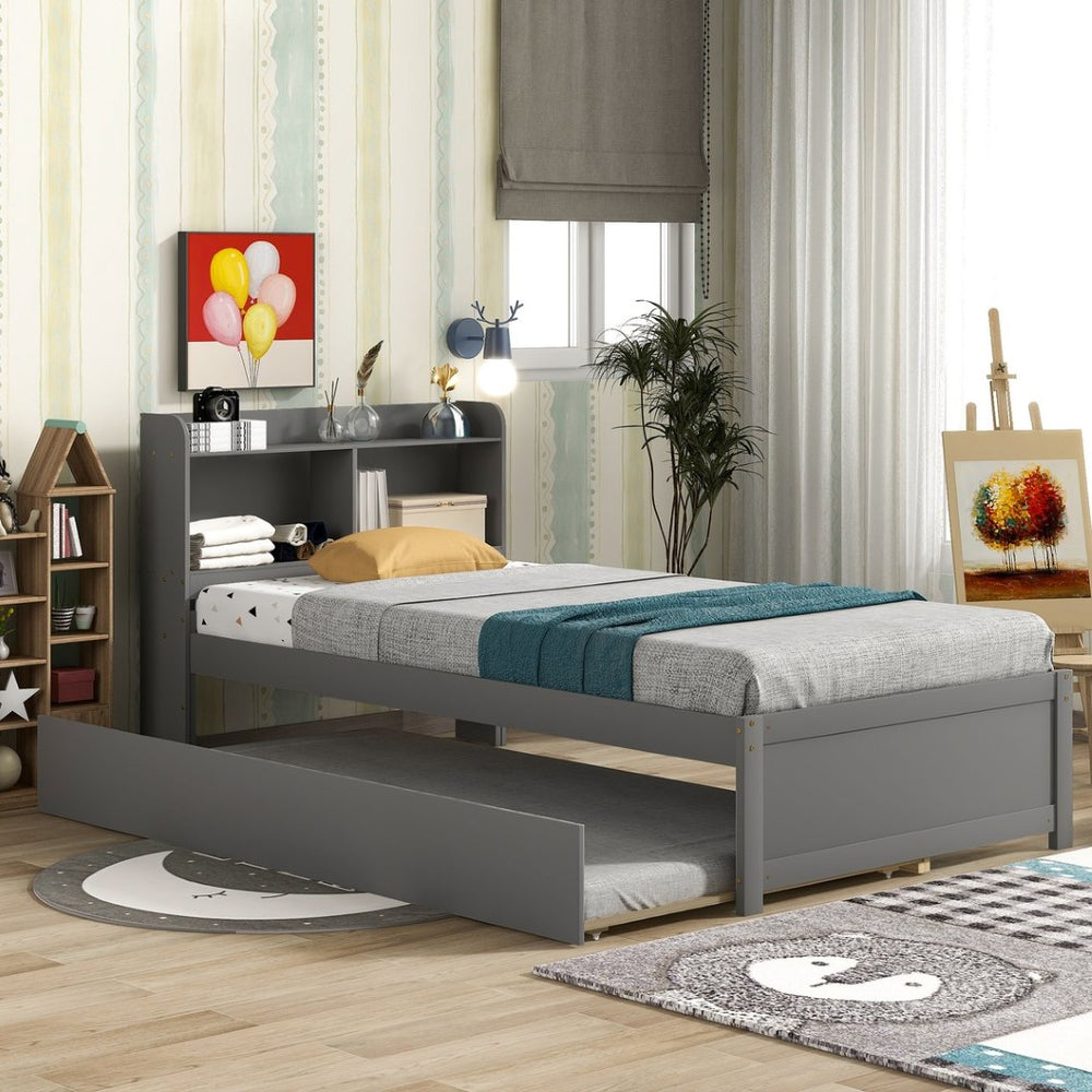English Elm Twin Bed With Trundle & Bookcase Headboard, Space-Saving Grey Design For Modern Bedrooms W50440495-GIGA