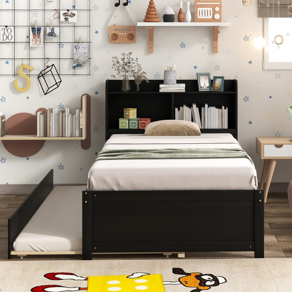English Elm Twin Bed With Trundle & Bookcase Headboard - Space-Saving Espresso Frame For Kids & Guests W50440497-GIGA