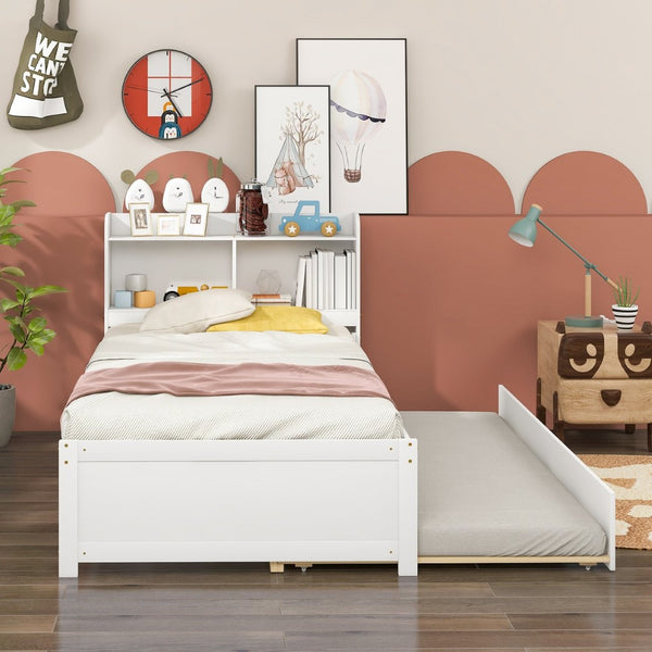 English Elm Twin Bed With Trundle & Bookcase Headboard - Space-Saving Design In Clean White Finish For Kids' Rooms W50440496-GIGA