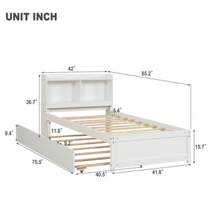 English Elm Twin Bed With Trundle & Bookcase Headboard - Space-Saving Design In Clean White Finish For Kids' Rooms W50440496-GIGA