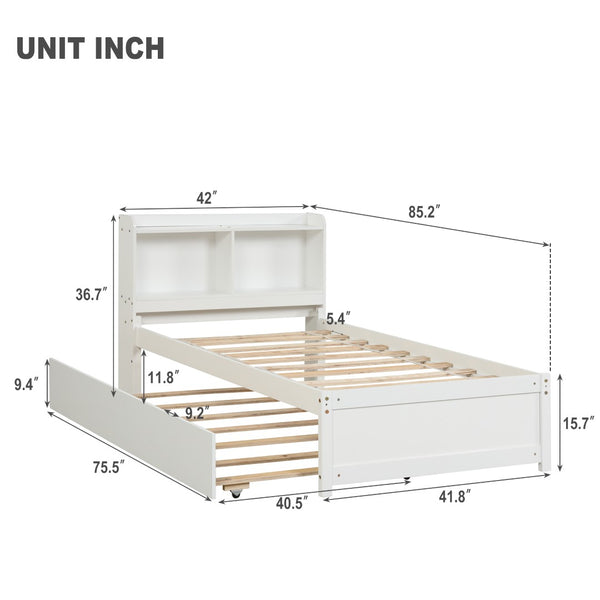 English Elm Twin Bed With Trundle & Bookcase Headboard - Space-Saving Design In Clean White Finish For Kids' Rooms W50440496-GIGA