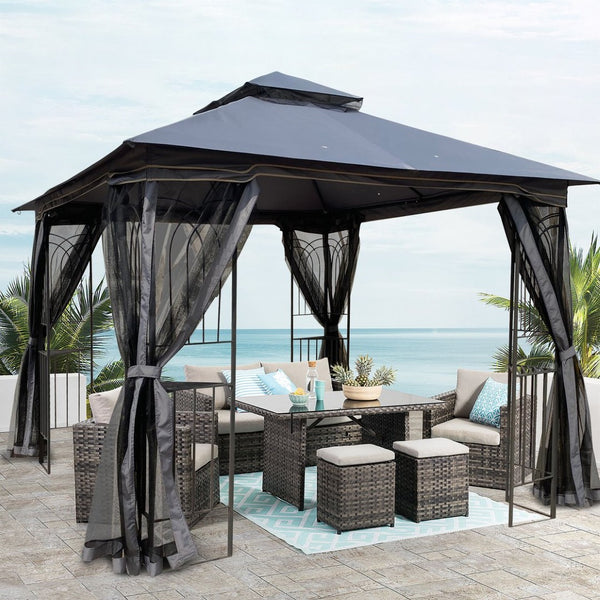 English Elm 10x10 Outdoor Gazebo with Vented Dual Roof Mesh Screens Steel Frame Patio Shelter W41940785