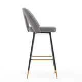 English Elm ,Akoya Collection Modern | Contemporary Velvet Upholstered Connor 28" Bar Stool & Counter Stools With Nailheads and Gold Tipped Black Metal Legs,Set Of 2 (Gray)