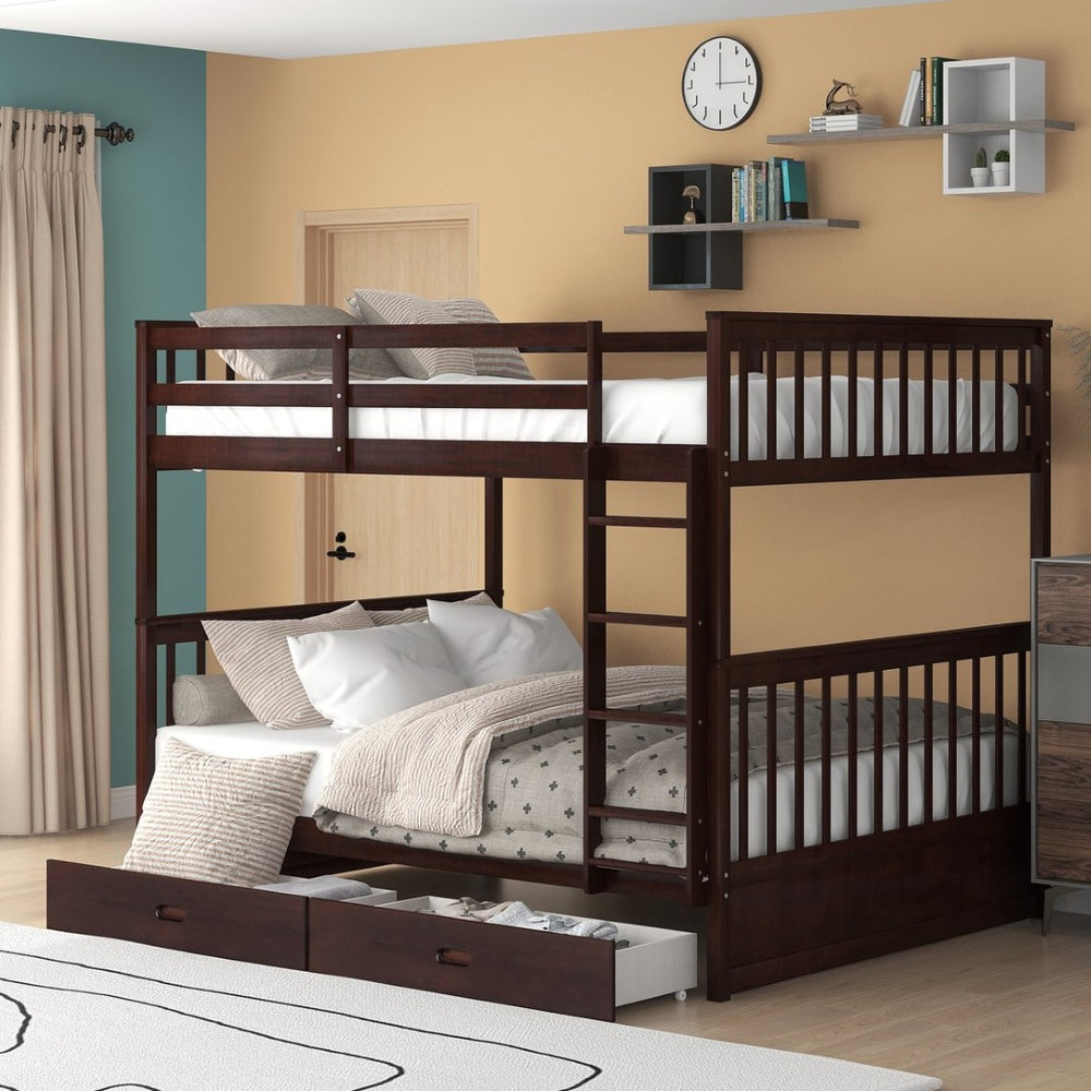 English Elm Full-over-full Bunk Bed with Dual Storage Drawers Solid Pine Kids Shared Bedroom Espresso LT000365AAP-1