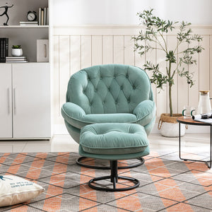 English Elm Accent Chair With Ottoman - Stylish Teal Velvet Swivel Design For Living Room Comfort & Elegance W676P232281
