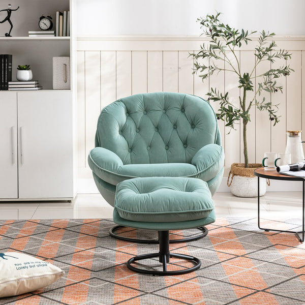 English Elm Accent Chair With Ottoman - Stylish Teal Velvet Swivel Design For Living Room Comfort & Elegance W676P232281