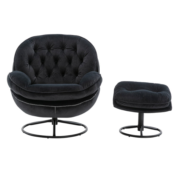 English Elm Accent Chair With Ottoman - Modern Black Velvet Swivel Seat For Living Room Comfort And Style W676P232282