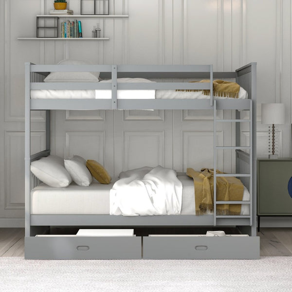 English Elm Full-over-full Bunk Bed with Dual Storage Drawers Solid Pine Kids Shared Bedroom Gray LT000365AAE-1