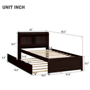 English Elm Twin Bed With Trundle & Bookcase Headboard - Space-Saving Espresso Frame For Kids & Guests W50440497-GIGA