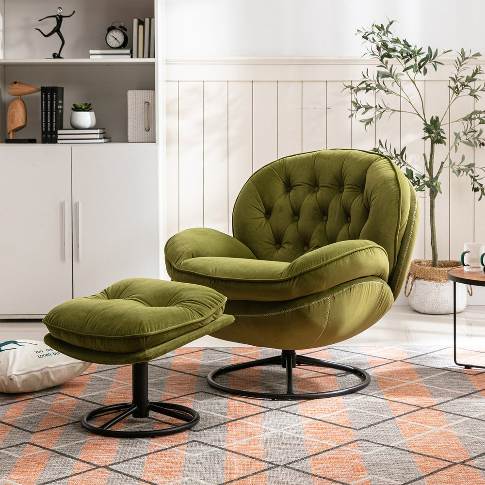 English Elm Accent Chair With Ottoman - Plush Fruit Green Velvet Swivel Lounge Chair For Modern Living Rooms W676P232280