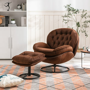English Elm Accent Chair With Ottoman - Stylish Brown Velvet Living Room Chair, Swivel Base, Modern Design W676P232279