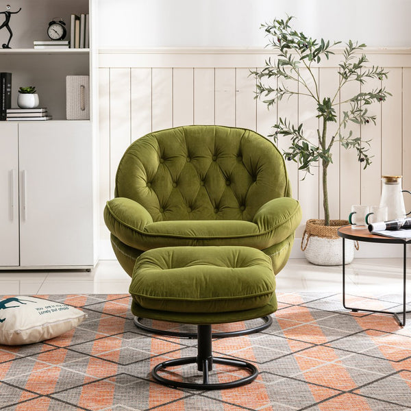 English Elm Accent Chair With Ottoman - Plush Fruit Green Velvet Swivel Lounge Chair For Modern Living Rooms W676P232280