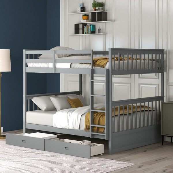 English Elm Full-over-full Bunk Bed with Dual Storage Drawers Solid Pine Kids Shared Bedroom Gray LT000365AAE-1