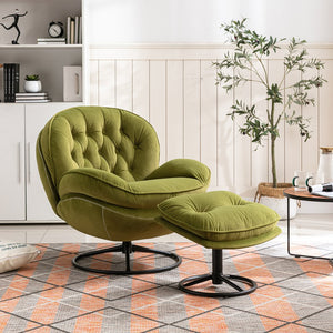 English Elm Accent Chair With Ottoman - Plush Fruit Green Velvet Swivel Lounge Chair For Modern Living Rooms W676P232280