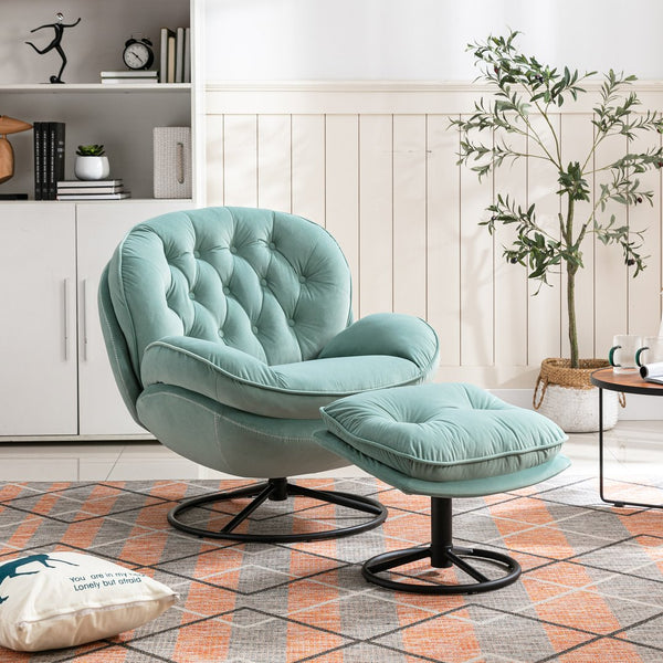 English Elm Accent Chair With Ottoman - Stylish Teal Velvet Swivel Design For Living Room Comfort & Elegance W676P232281