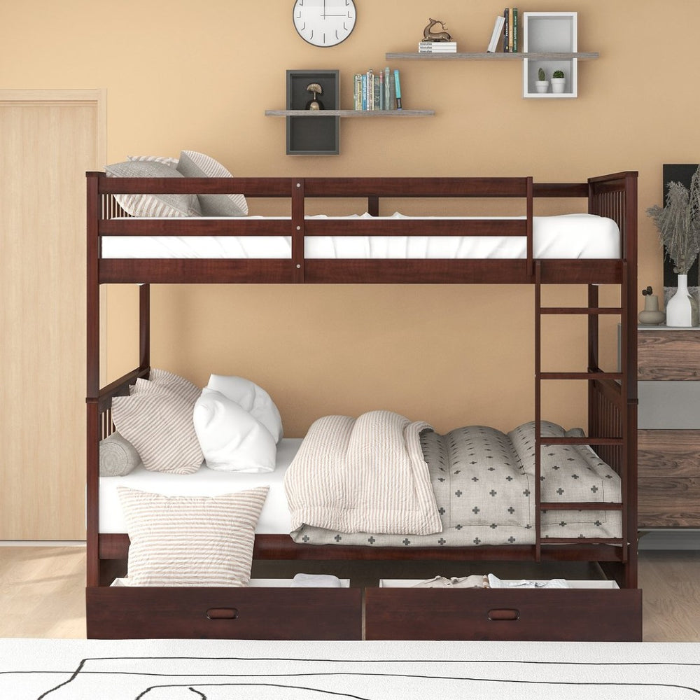 English Elm Full-over-full Bunk Bed with Dual Storage Drawers Solid Pine Kids Shared Bedroom Espresso LT000365AAP-1
