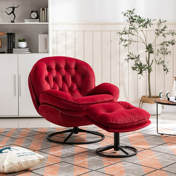 English Elm Accent Chair With Ottoman - Elegant Dark Red Velvet Tv Chair For Living Room & Cozy Spaces W676P232277