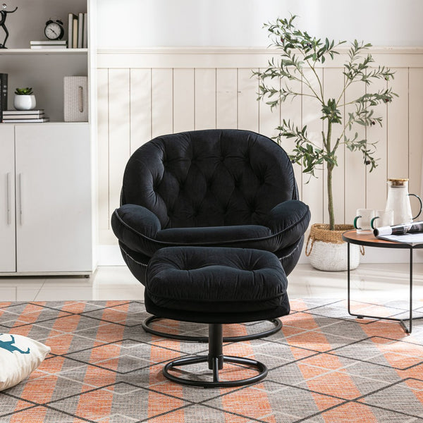 English Elm Accent Chair With Ottoman - Modern Black Velvet Swivel Seat For Living Room Comfort And Style W676P232282