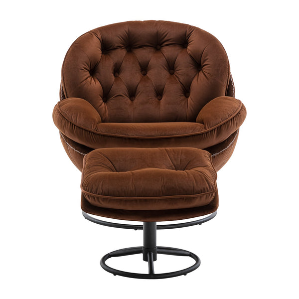 English Elm Accent Chair With Ottoman - Stylish Brown Velvet Living Room Chair, Swivel Base, Modern Design W676P232279