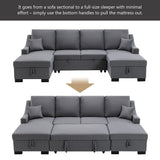 English Elm Upholstery Sleeper Sectional Sofa With Double Storage Spaces, 2 Tossing Cushions, Grey