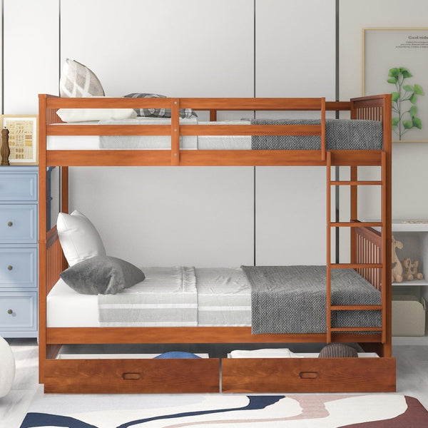 English Elm Full-over-full Bunk Bed with Dual Storage Drawers Solid Pine Kids Shared Bedroom Walnut LT000365AAD-1