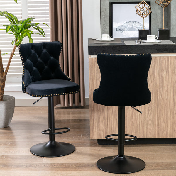 English Elm A&A Swivel Velvet Barstool with Tufted Back, Hand-Hemmed Detail, Riveted Trim, Sturdy 17.7" Base Black W114341202