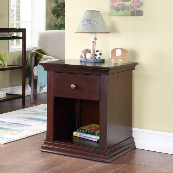 English Elm Universal Espresso Wood Nightstand with Open Shelf and Traditional Molding Detail 0002-ESP