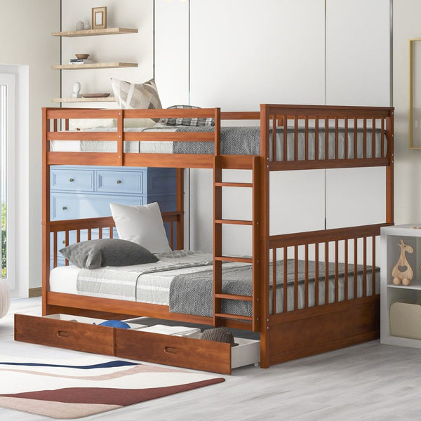 English Elm Full-over-full Bunk Bed with Dual Storage Drawers Solid Pine Kids Shared Bedroom Walnut LT000365AAD-1
