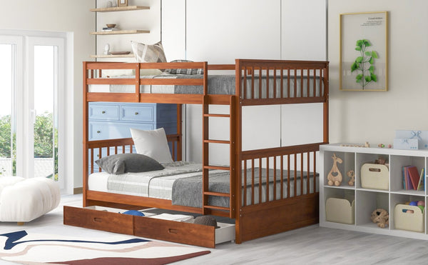 English Elm Full-over-full Bunk Bed with Dual Storage Drawers Solid Pine Kids Shared Bedroom Walnut LT000365AAD-1