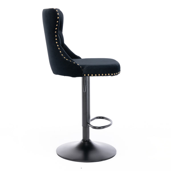 English Elm A&A Swivel Velvet Barstool with Tufted Back, Hand-Hemmed Detail, Riveted Trim, Sturdy 17.7" Base Black W114341202
