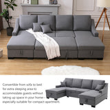 English Elm Upholstery Sleeper Sectional Sofa With Double Storage Spaces, 2 Tossing Cushions, Grey