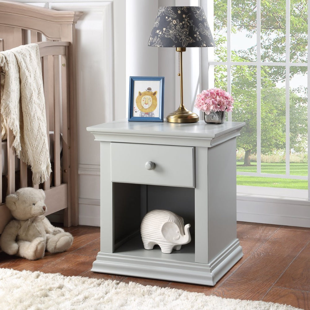 English Elm Universal Gray Nightstand Solid Wood Traditional Molding with Drawer and Open Shelf 0002-GRY