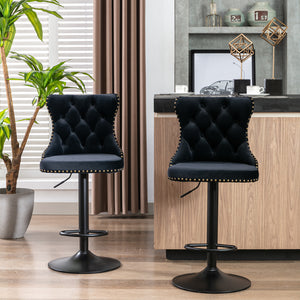 English Elm A&A Handcrafted Velvet Swivel Barstools Adjustable 25–33" Height Tufted Back with Rivets Black W114341202