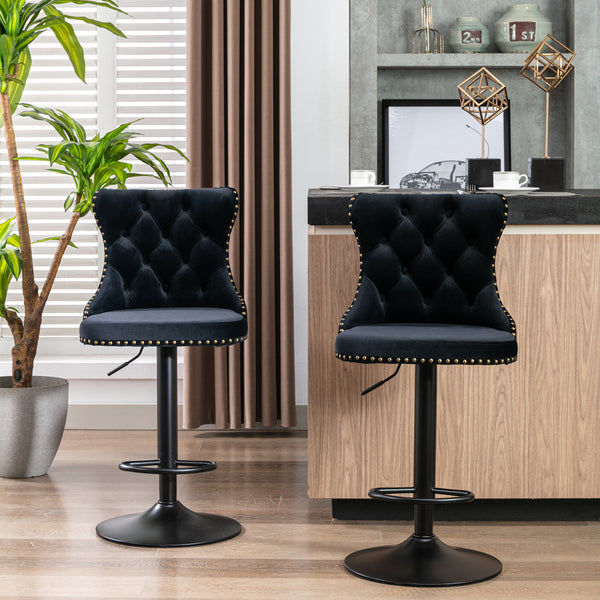 English Elm Swivel Velvet Tufted Barstools with Adjustable 25–33" Seat Height, 360° Chrome Base Luxury Black W1143P324532